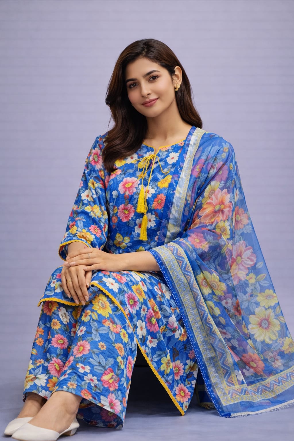 💙 Femmi Prets Floral Blue 3 Piece Farshi Shalwar Suit – Premium Bana Dora Lawn | Stitched Pakistani Dress | All Sizes Available