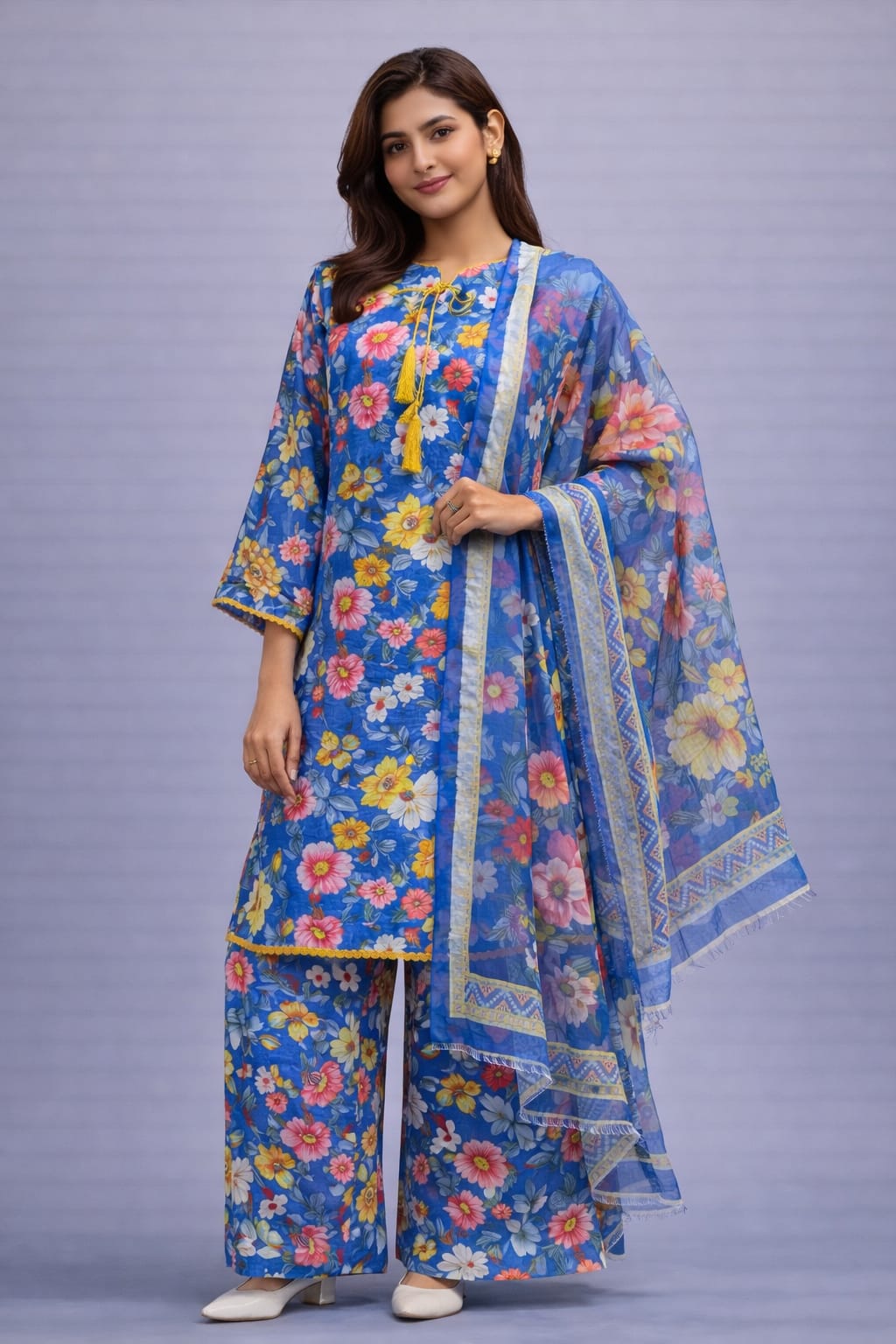 💙 Femmi Prets Floral Blue 3 Piece Farshi Shalwar Suit – Premium Bana Dora Lawn | Stitched Pakistani Dress | All Sizes Available