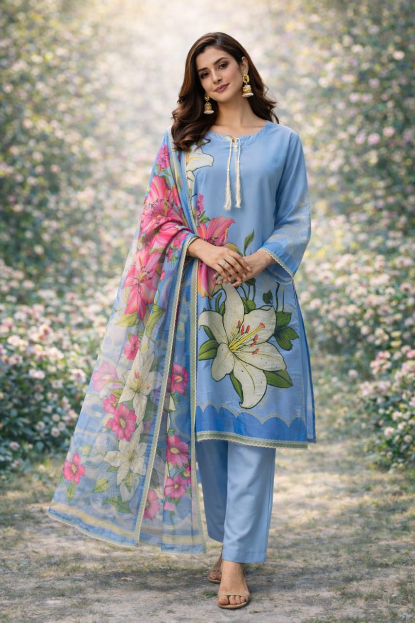 💙 Femmi Prets Sky Diva 3 Piece Premium Bana Dora Lawn Suit – Stitched Pakistani Dress for Women | Ready to Wear | All Sizes Available