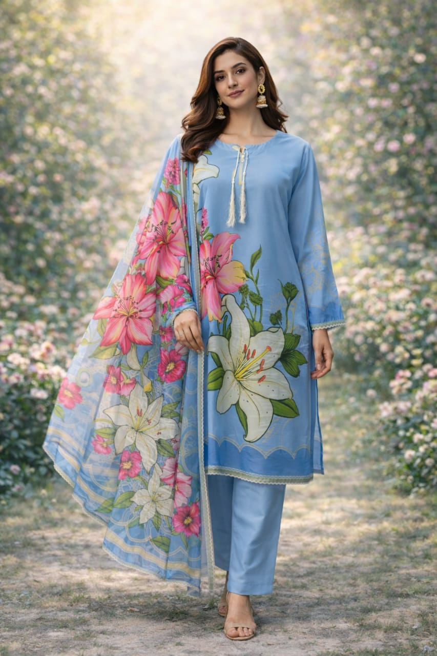 💙 Femmi Prets Sky Diva 3 Piece Premium Bana Dora Lawn Suit – Stitched Pakistani Dress for Women | Ready to Wear | All Sizes Available