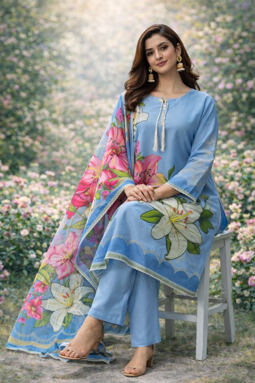 💙 Femmi Prets Sky Diva 3 Piece Premium Bana Dora Lawn Suit – Stitched Pakistani Dress for Women | Ready to Wear | All Sizes Available