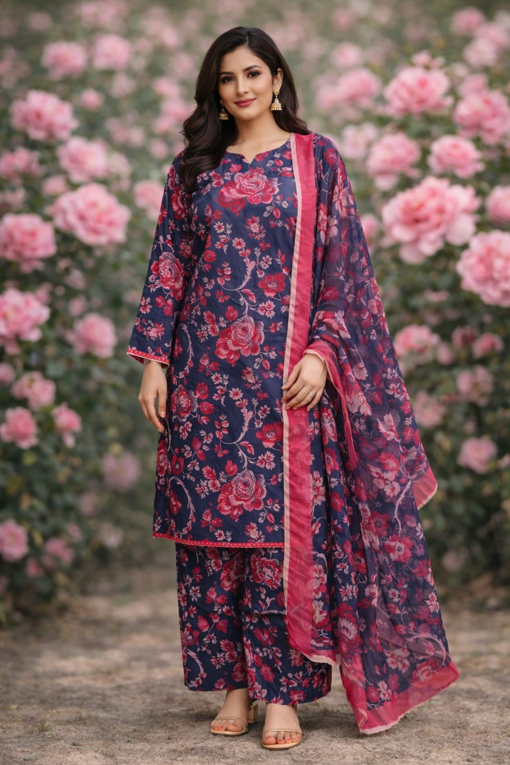 🌸 Femmi Prets Pink Rose 3 Piece Premium Bana Dora Lawn Suit – Stitched Pakistani Dress for Women | All Sizes Available