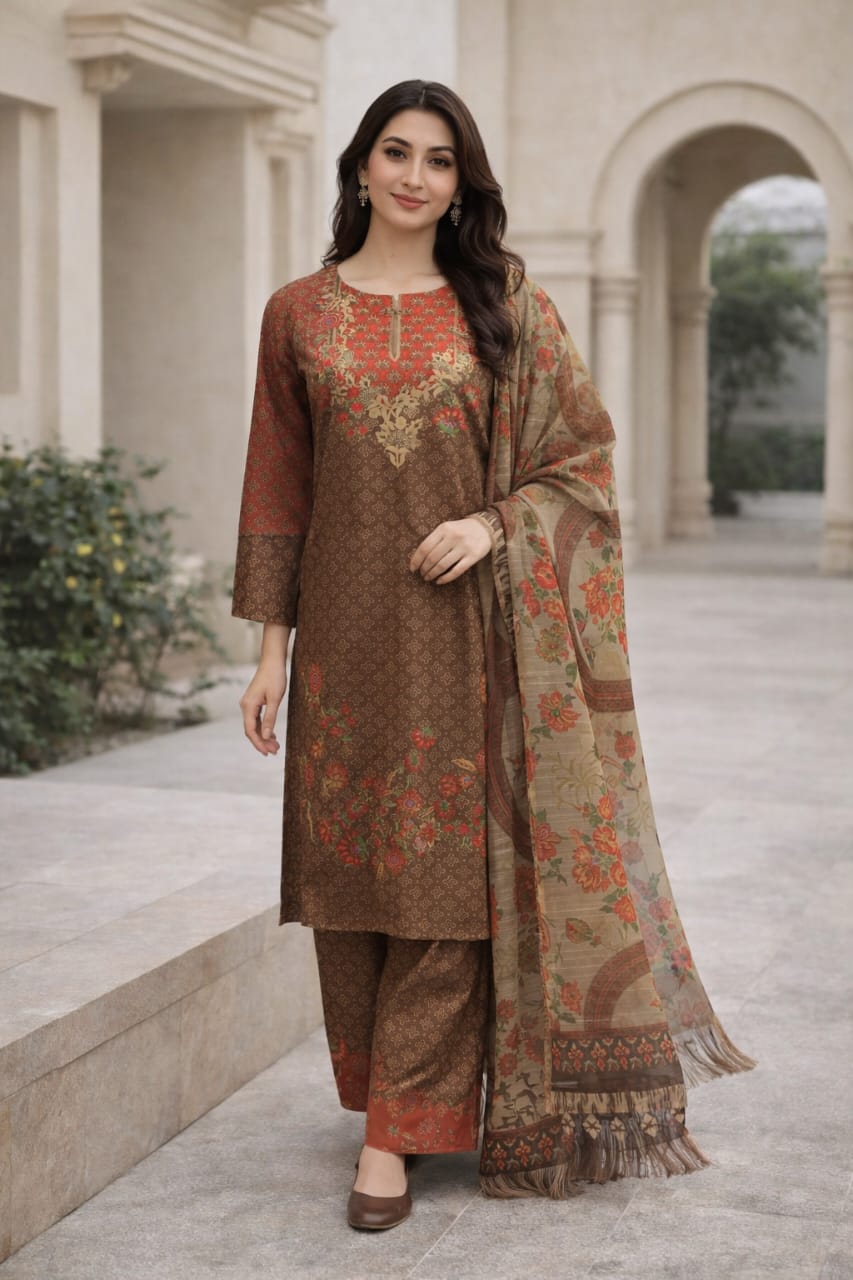 🍦 Femmi Prets Vanilla 3 Piece Premium 4 Season Lawn Suit – Stitched Pakistani Dress for Women | All Sizes Available