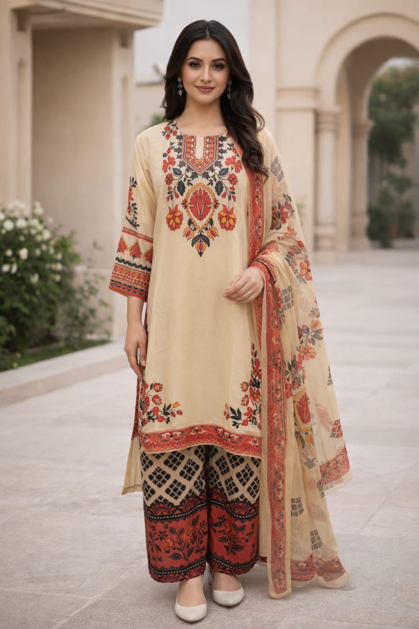 ✨Femmi Prets Areej 3 Piece Suit – Premium 4 Season Fabric | Elegant Lawn Dress for Women | All Sizes Available