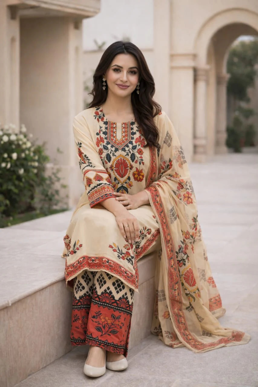 ✨Femmi Prets Areej 3 Piece Suit – Premium 4 Season Fabric | Elegant Lawn Dress for Women | All Sizes Available