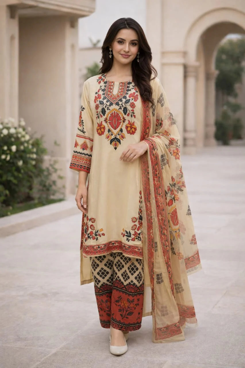 ✨Femmi Prets Areej 3 Piece Suit – Premium 4 Season Fabric | Elegant Lawn Dress for Women | All Sizes Available