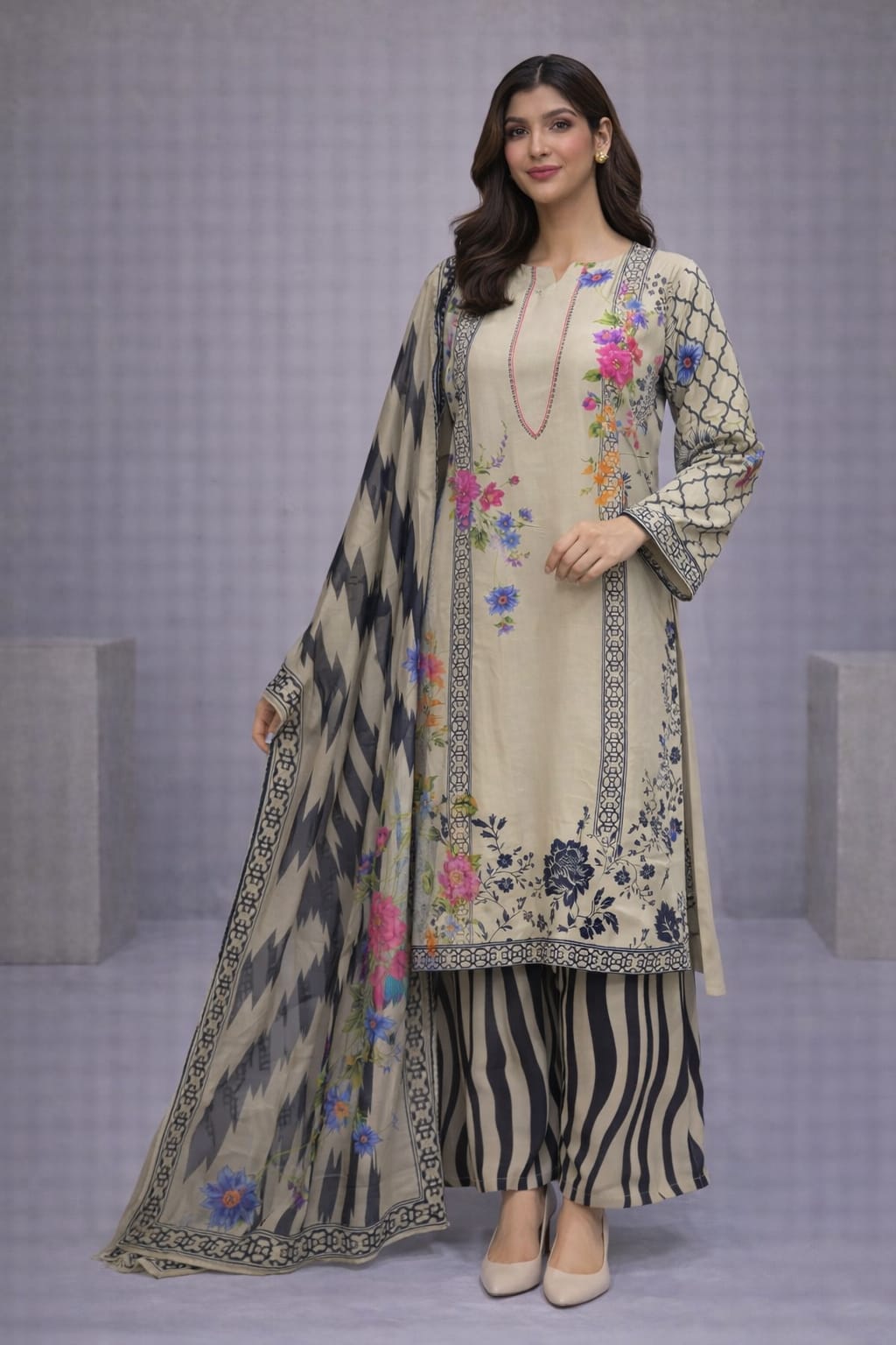 🌸 Zubi 3 Piece Premium Lawn Suit – 4 Season Stitched Dress for Women | Femmi Prets  👗✨