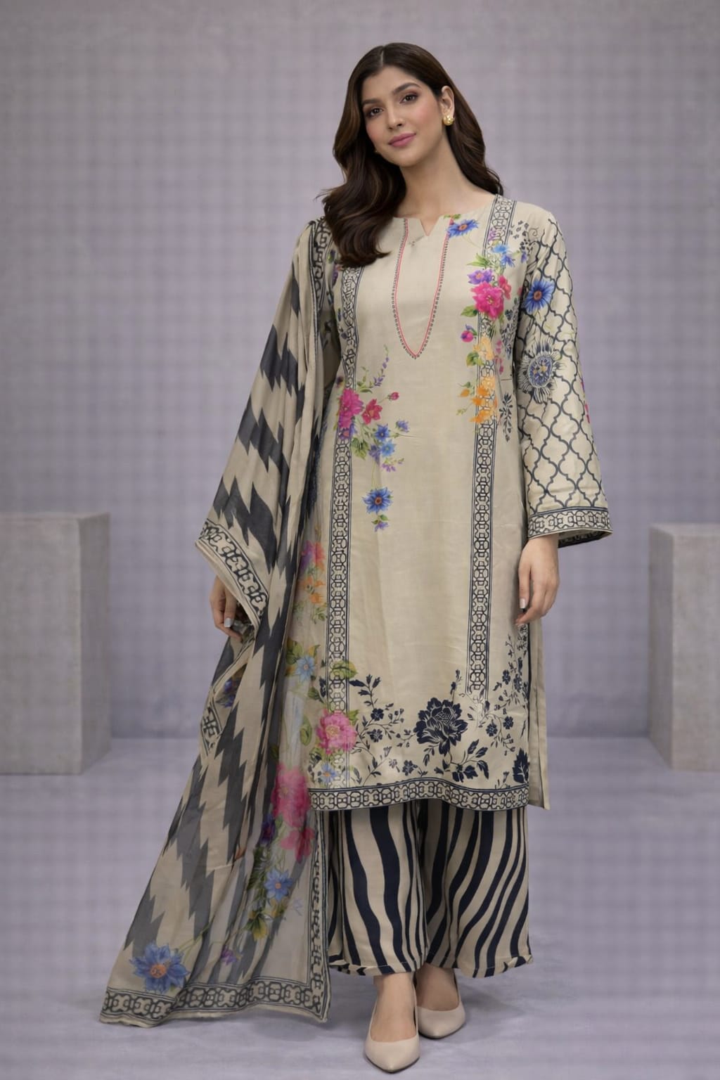 🌸 Zubi 3 Piece Premium Lawn Suit – 4 Season Stitched Dress for Women | Femmi Prets  👗✨